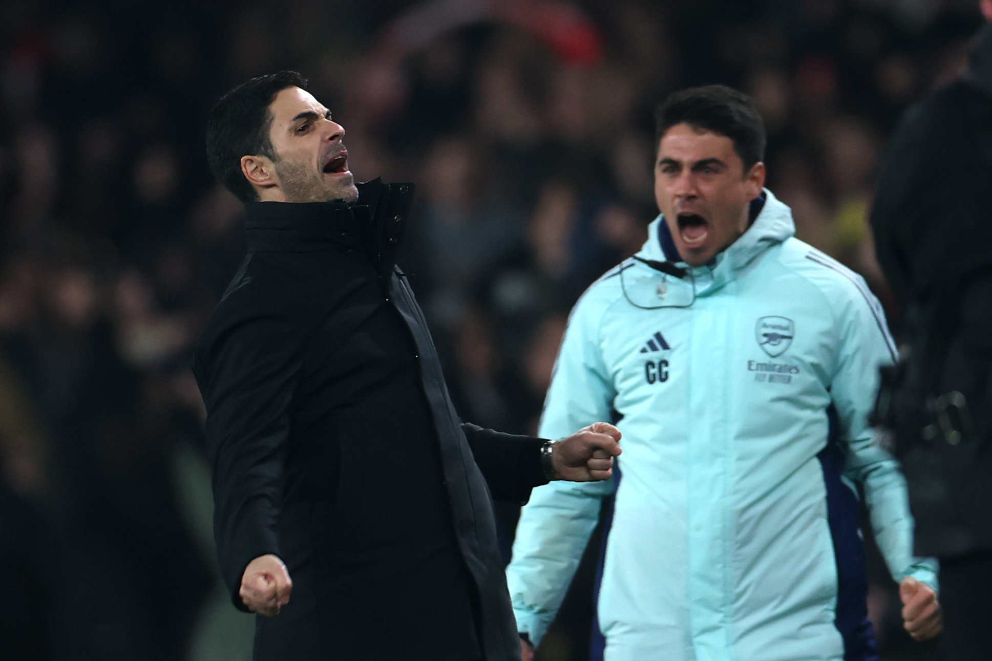 Mikel Arteta, Manager of Arsenal, celebrates at full-time