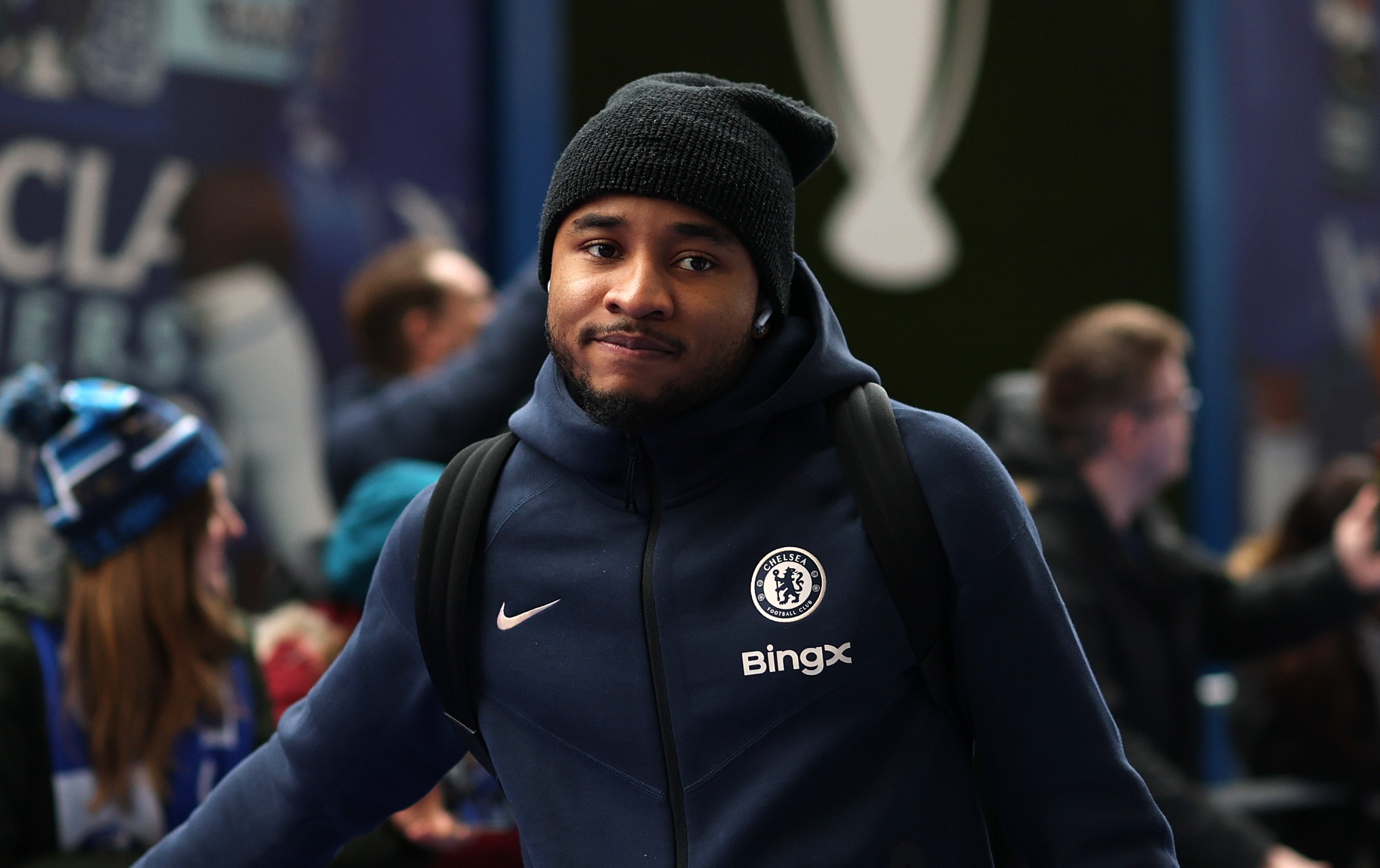 Christopher Nkunku of Chelsea arrives off the team bus