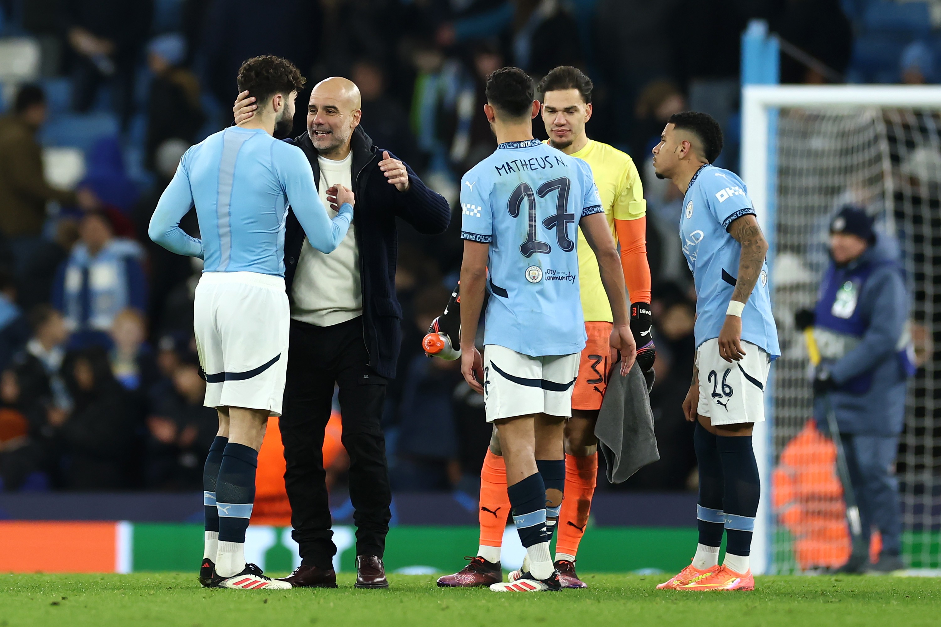 Pep Guardiola, Manager of Manchester City, celebrates victory