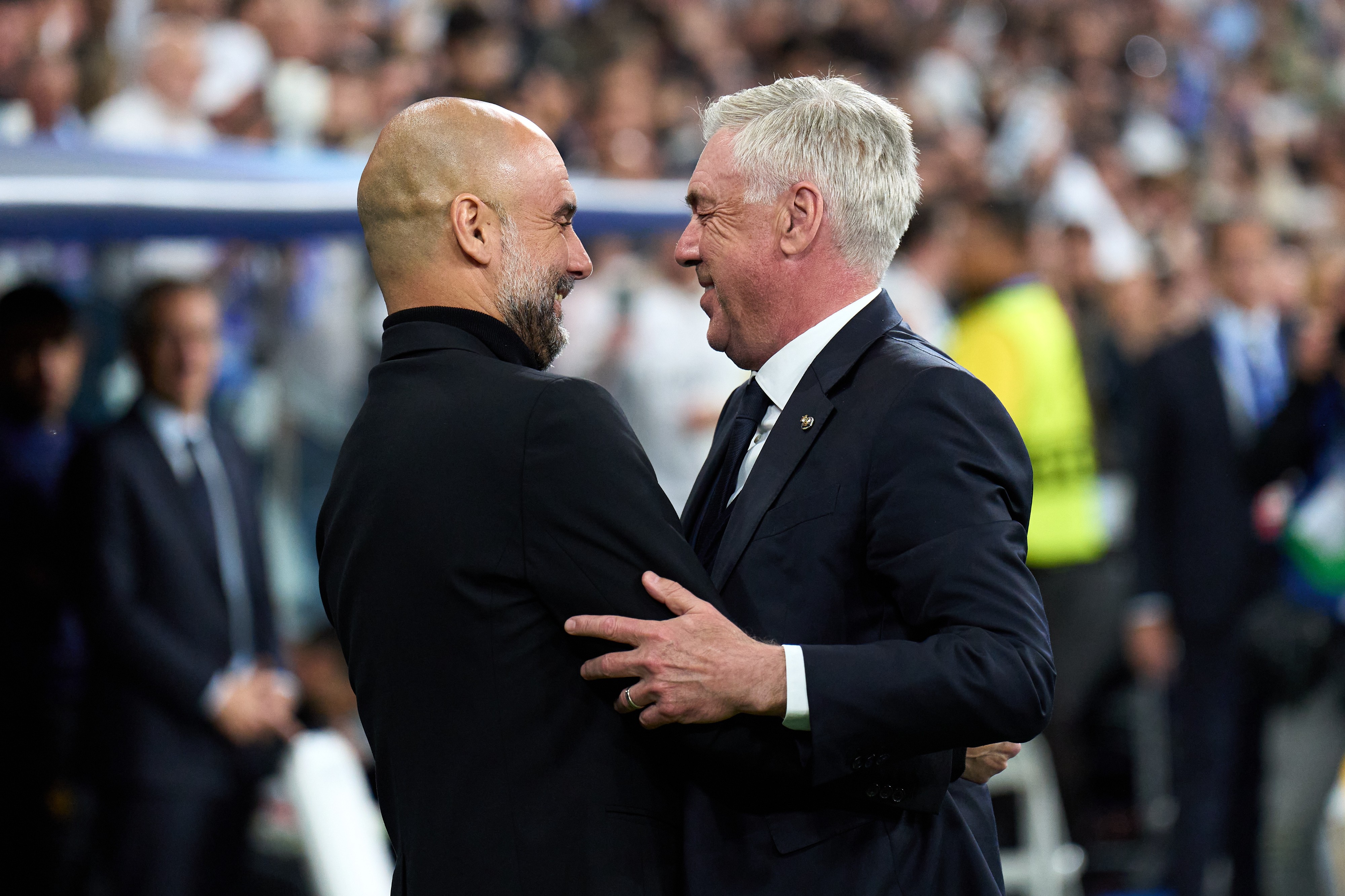 Pep Guardiola, manager of Manchester City, and Carlo Ancelotti, Head Coach of Real Madrid