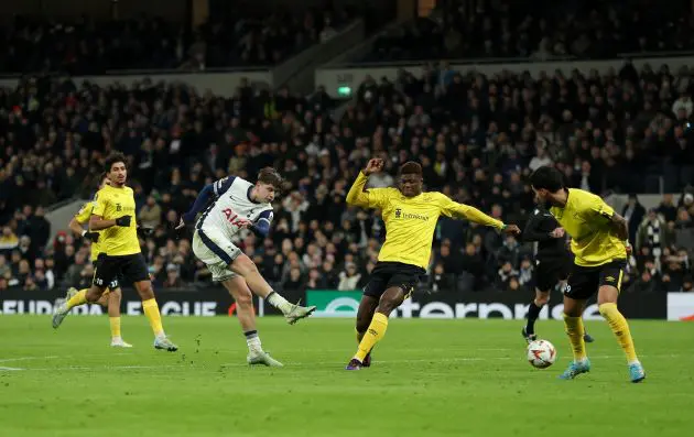 Mikey Moore of Tottenham Hotspur scores his team's third goal during the UEFA Europa League 2024/25 League Phase MD8 match against Elfsborg