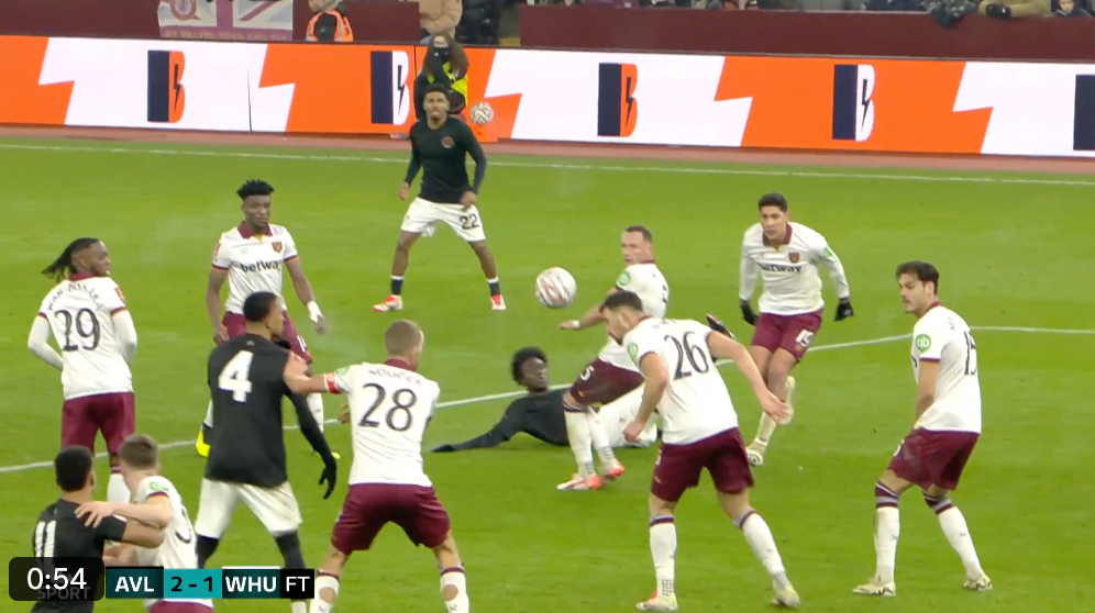 Amadou Onana's shot for Aston Villa against West Ham goes wide.
