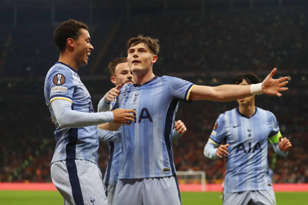 Will Lankshear celebrates after scoring his first senior goal for Tottenham vs Galatasaray
