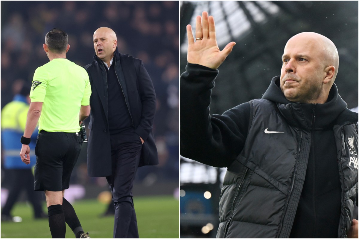 Arne Slot confronting referee Michael Oliver