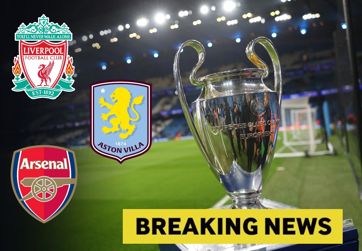 Champions League trophy with club logos and breaking news banner