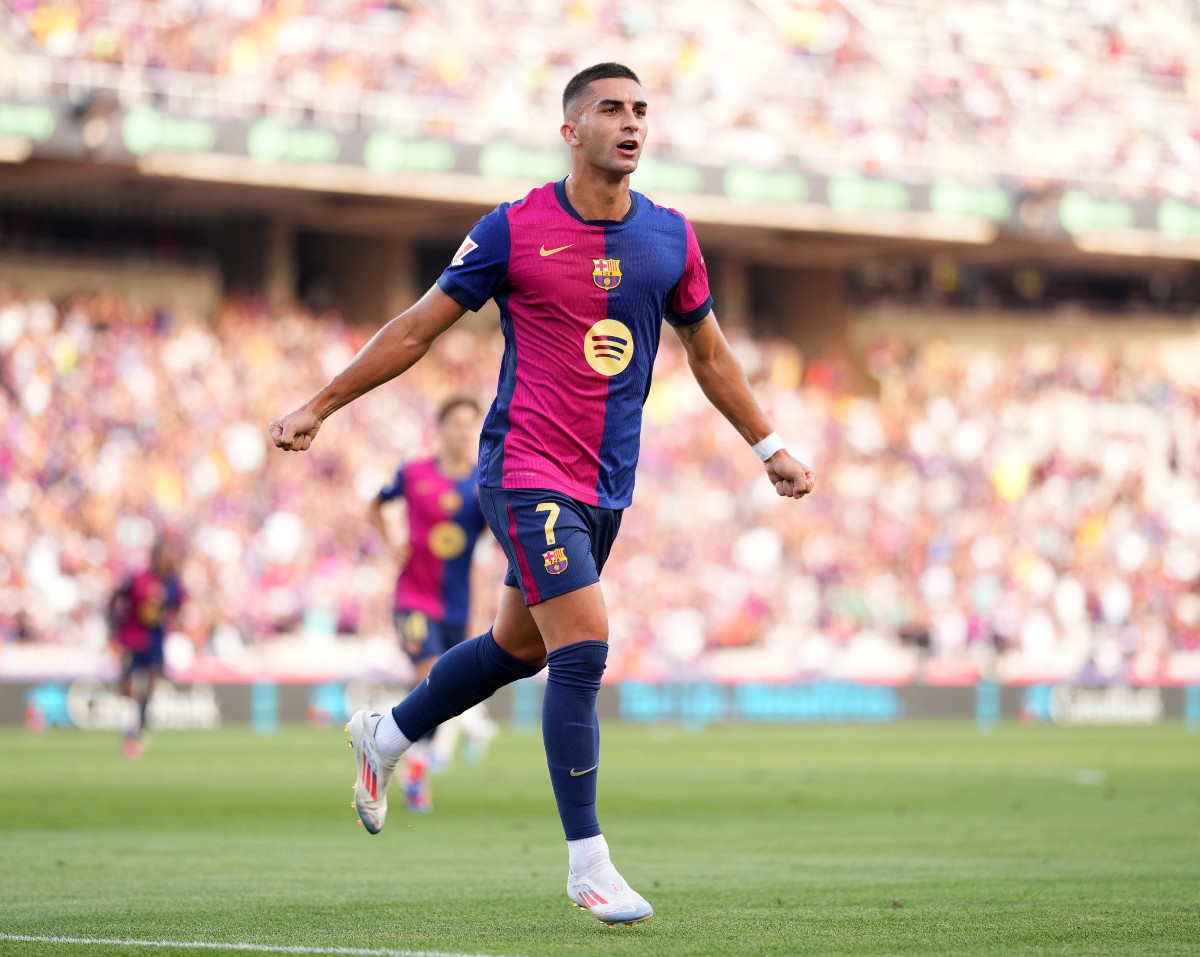 Ferran Torres celebrates a goal for Barcelona