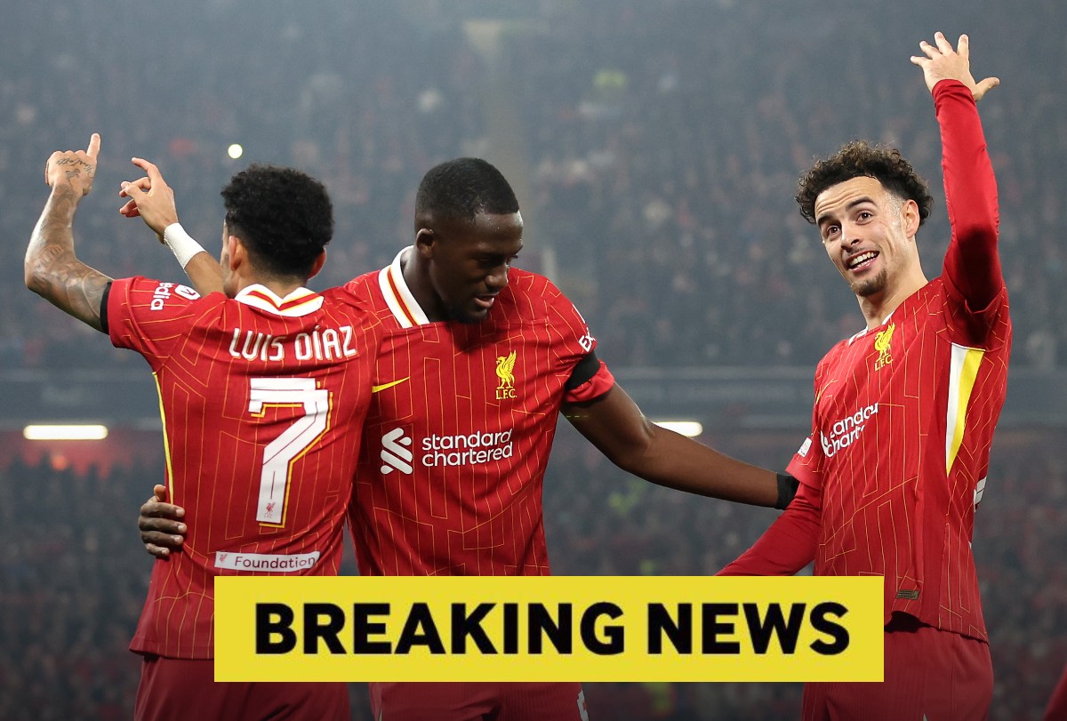 Luis Diaz, Ibrahima Konate and Curtis Jones celebrate in Liverpool's win over Bayer Leverkusen
