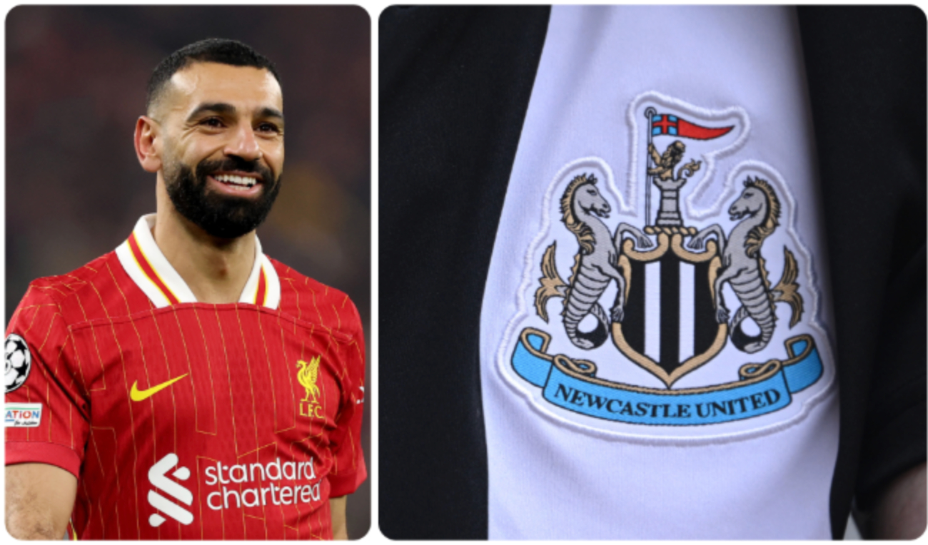 A composite image of Mo Salah and a Newcastle United badge.
