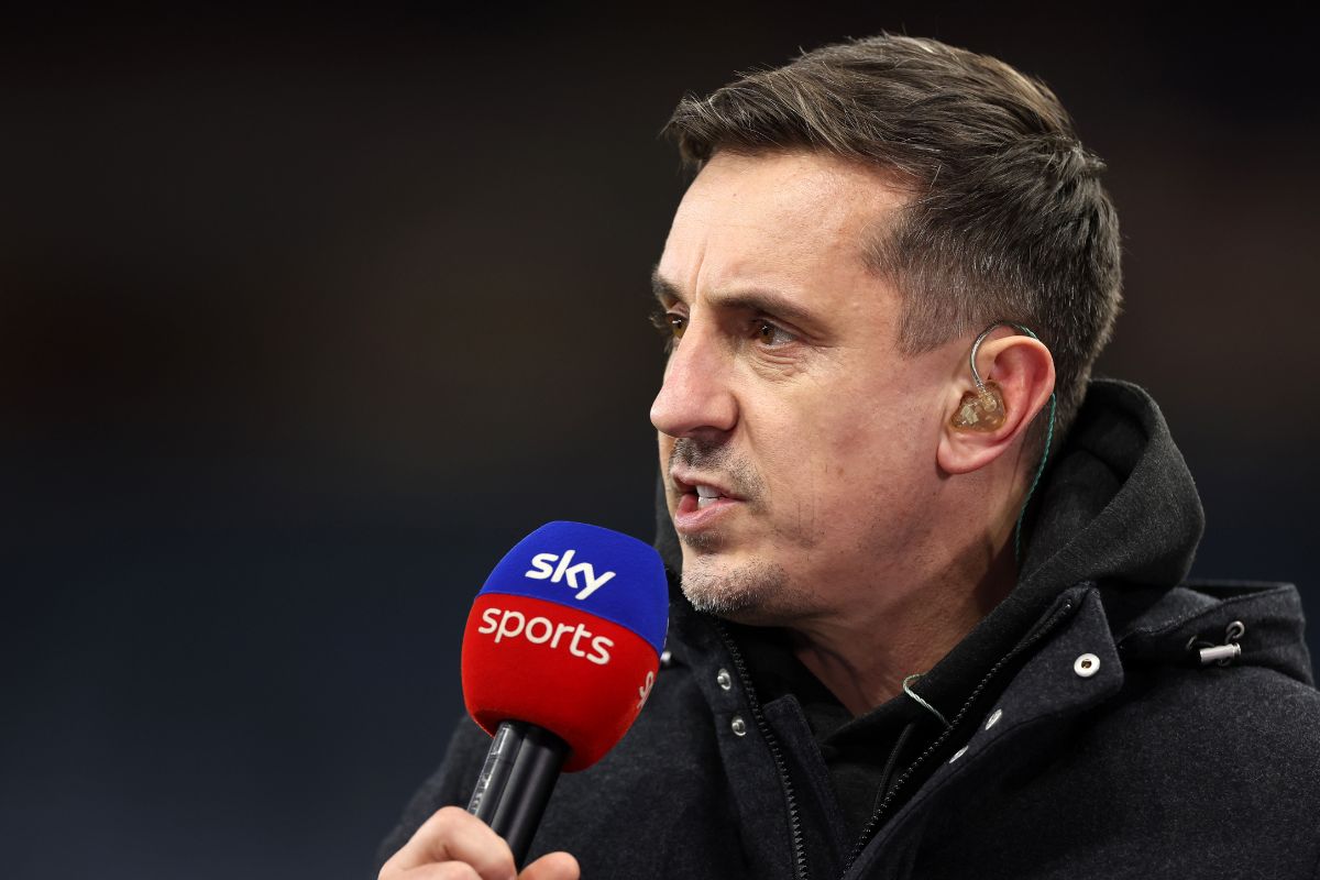 Gary Neville speaks into a Sky Sports mic