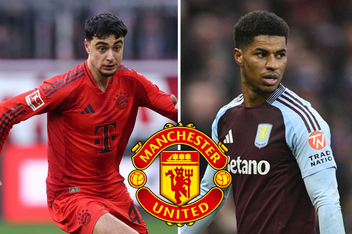 Aleksandar Pavlovic and Marcus Rashford along with Man United badge