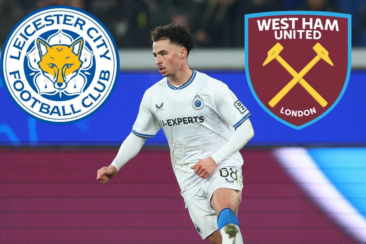 Chemsdine Talbi of Club Brugge looks on - with the West Ham and Leicester City badges attached