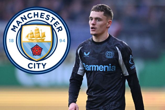 Florian Wirtz looks on - with the Man City badge attached