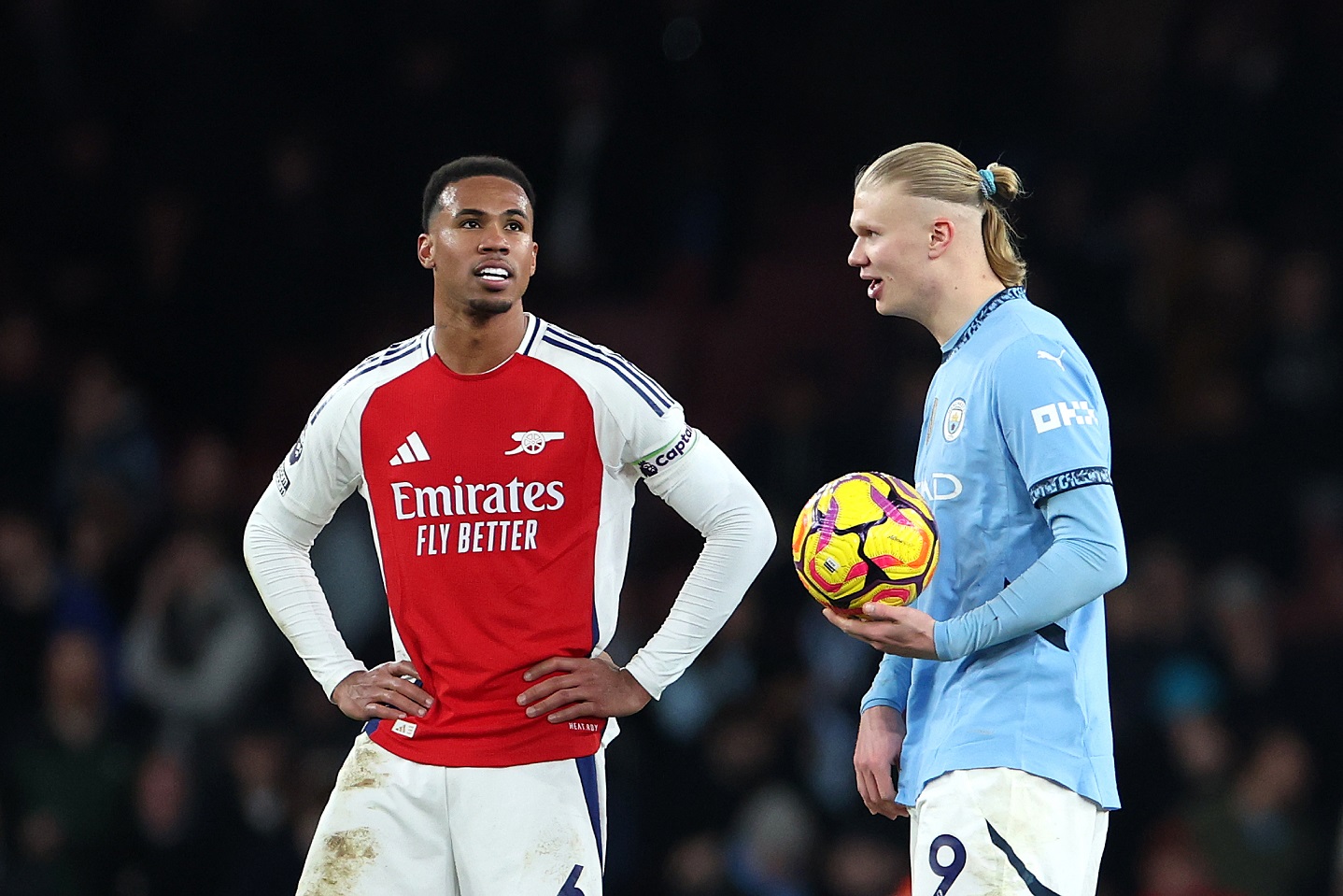 Arsenal defender Gabriel with Man City striker Erling Haaland