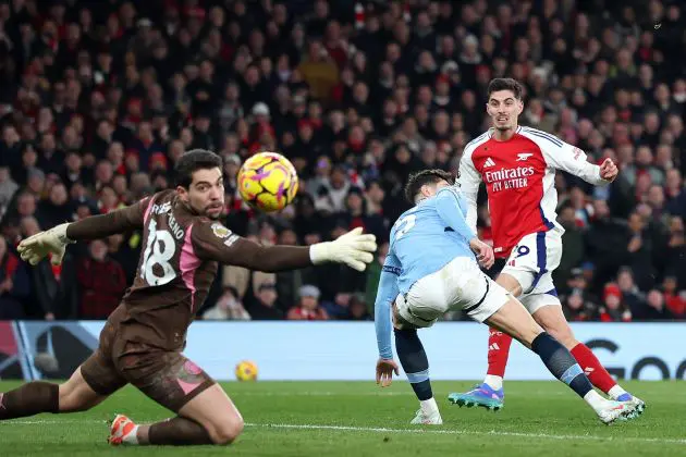 Kai Havertz of Arsenal scores his sides fourth goal during the Premier League match against Manchester City