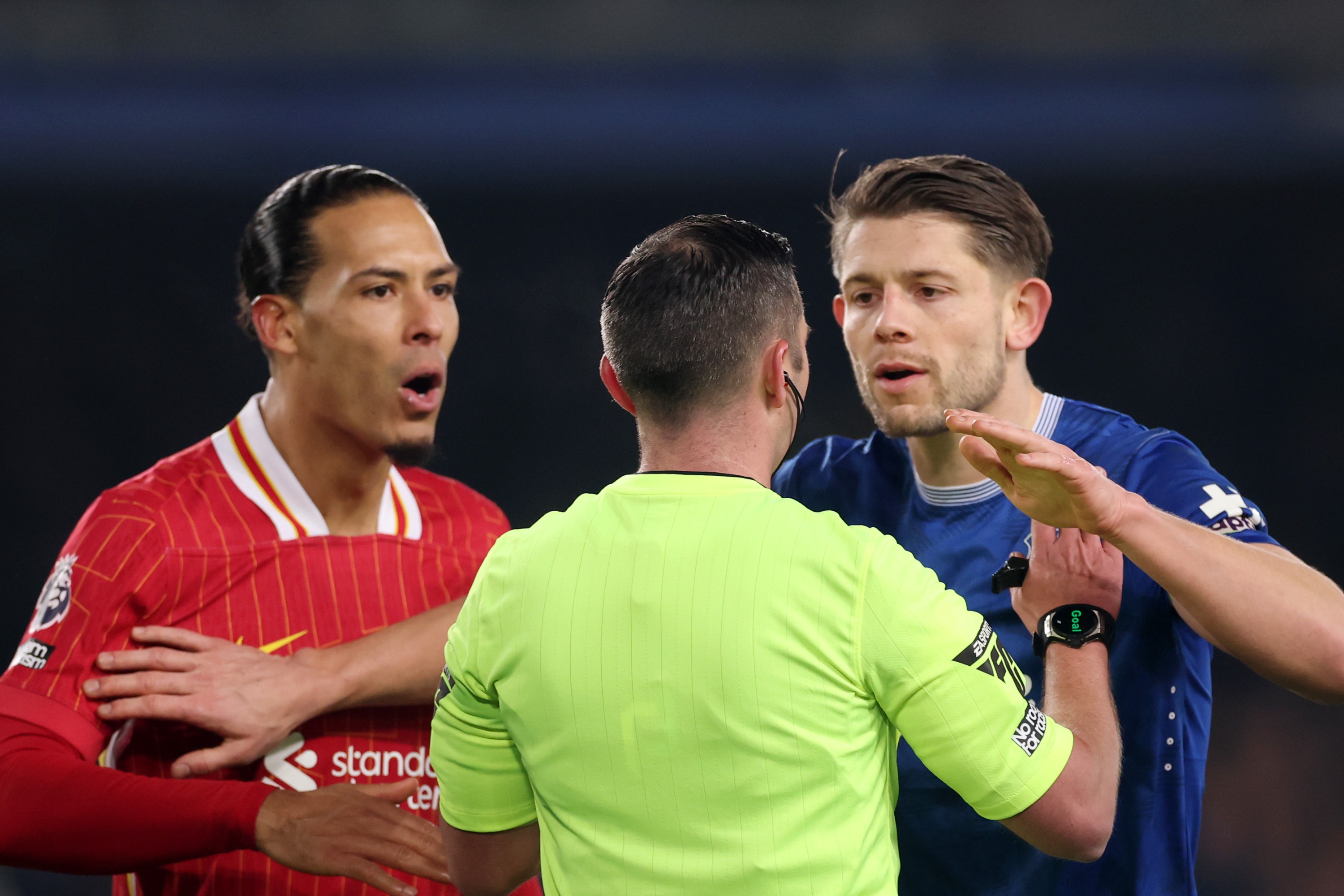 Virgil van Dijk of Liverpool and James Tarkowski of Everton remonstrate with referee Michael Oliver