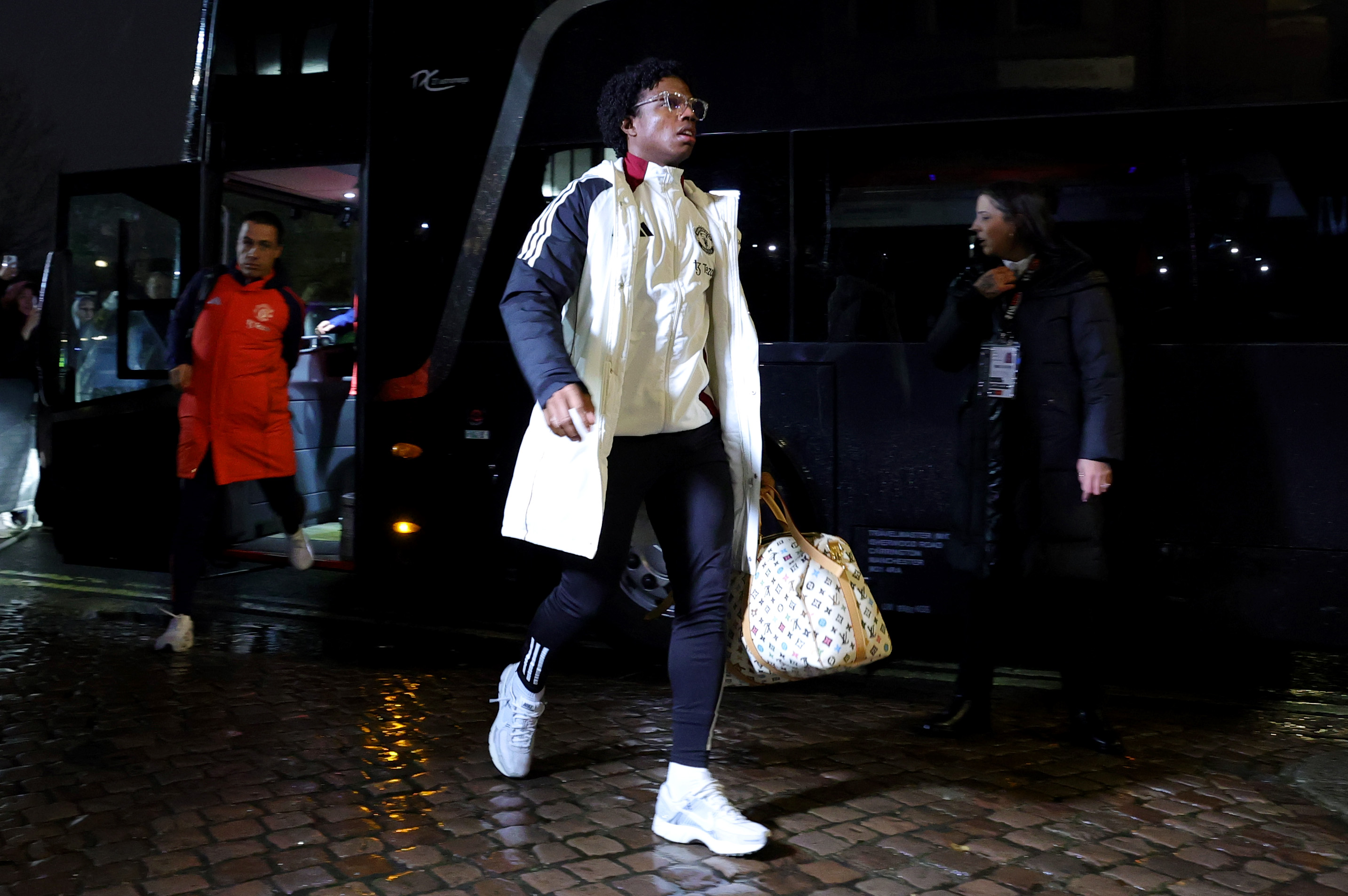 Tyrell Malacia of Manchester United arrives at the stadium