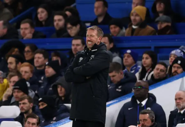 Graham Potter, Head Coach of West Ham United, looks on during the Premier League match against Chelsea