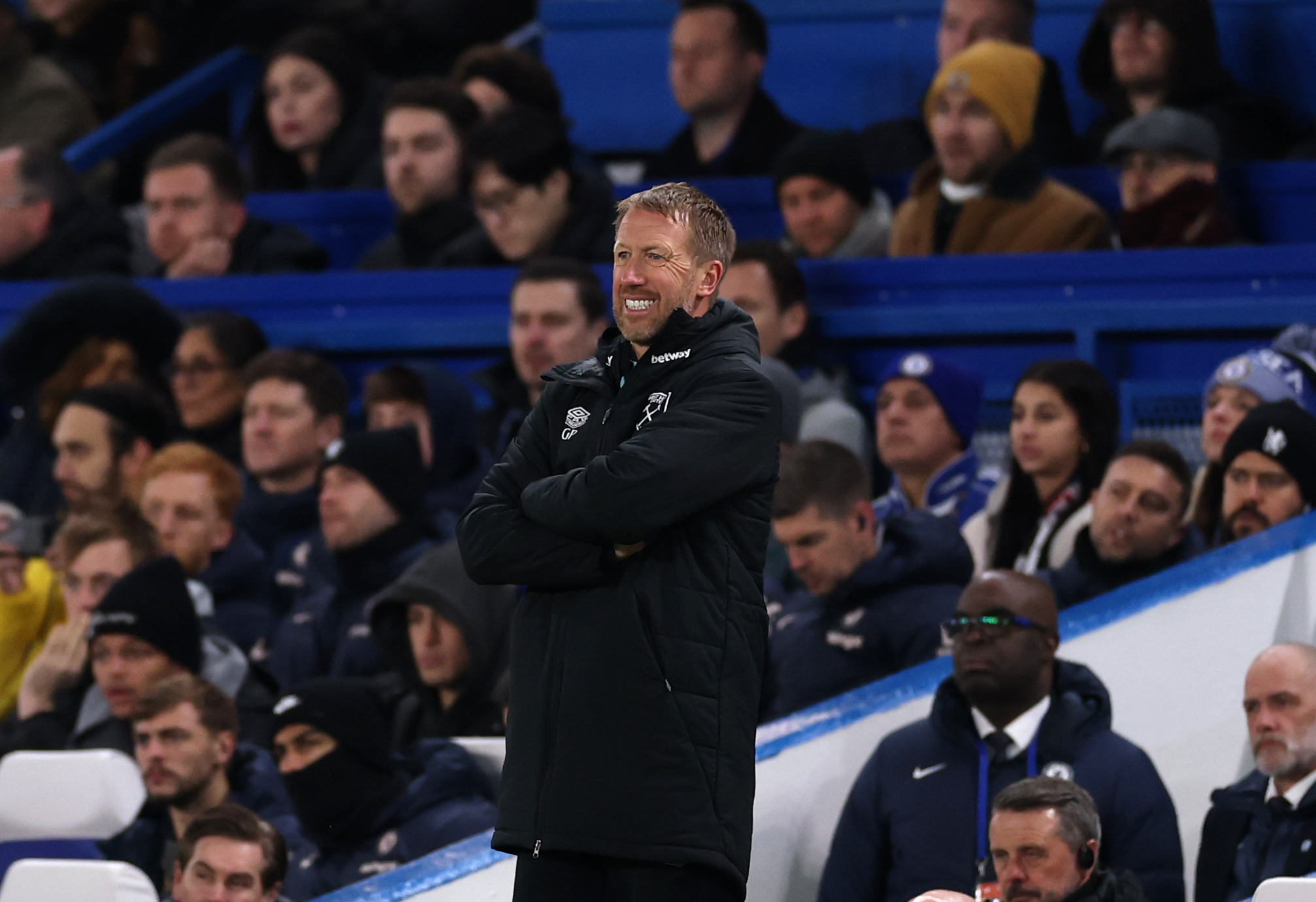 Graham Potter, Head Coach of West Ham United, looks on during the Premier League match against Chelsea