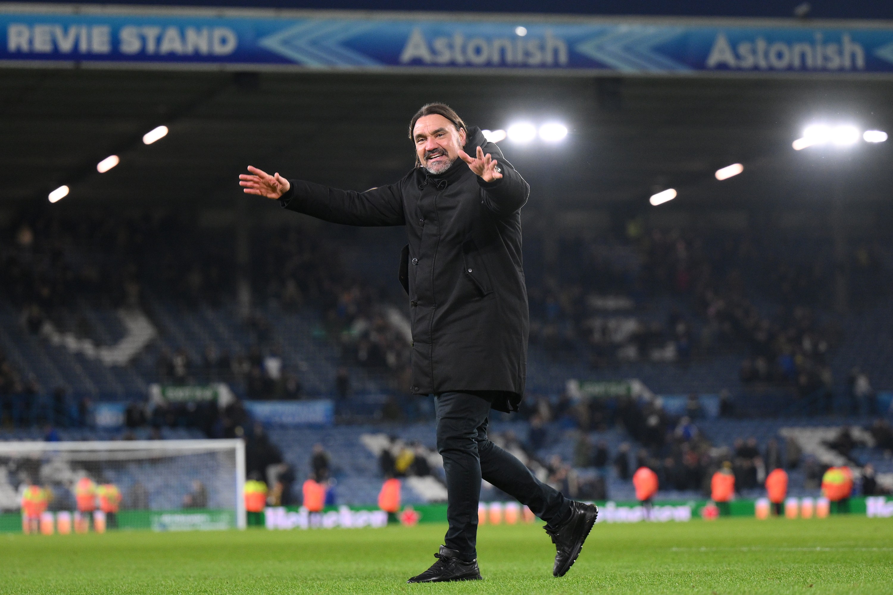 Daniel Farke, Manager of Leeds United, shows appreciation to the fans following the Sky Bet Championship match against Cardiff City