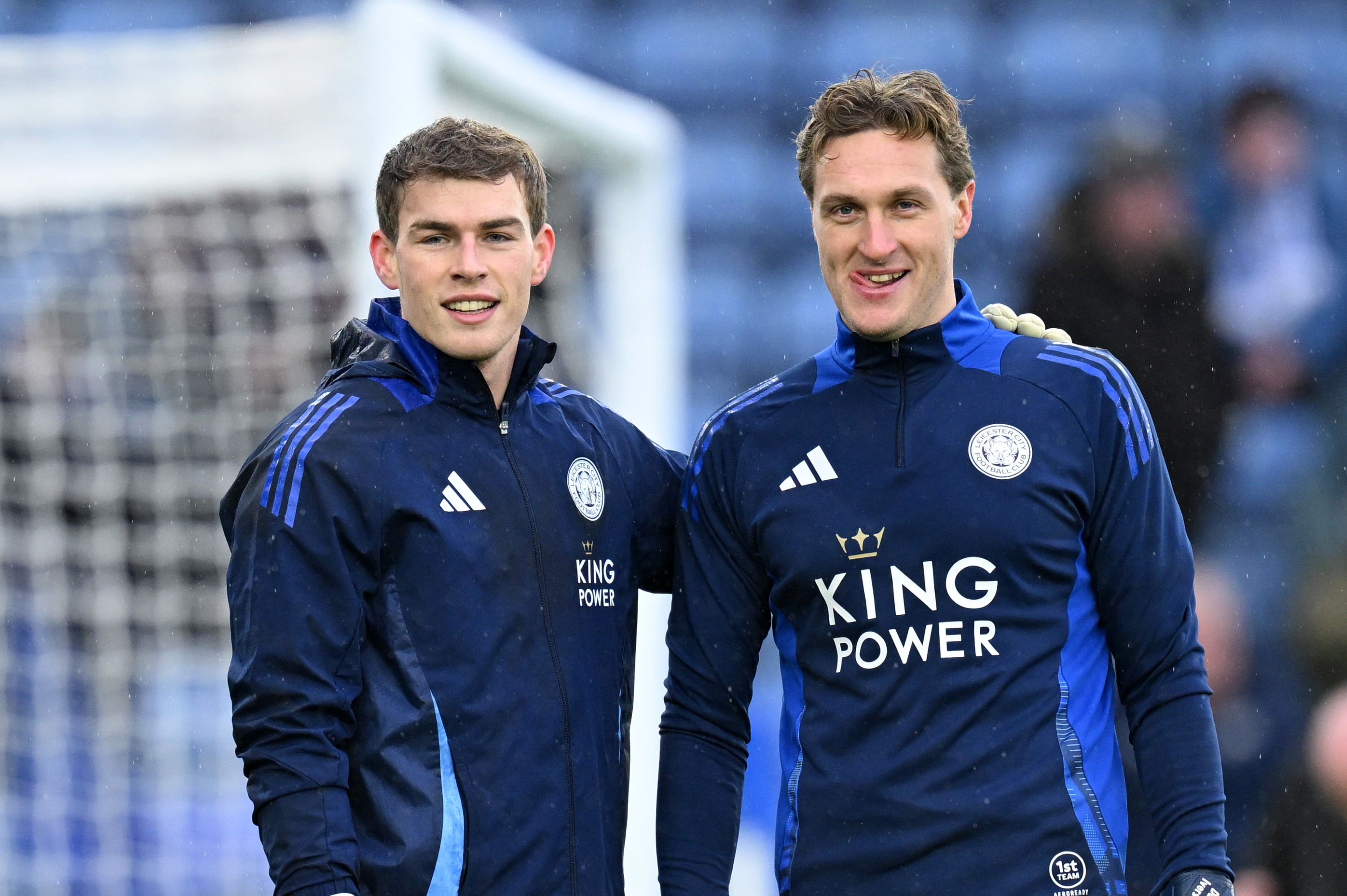 Mads Hermansen and Daniel Iversen of Leicester City (L-R) warm up before a Premier League match