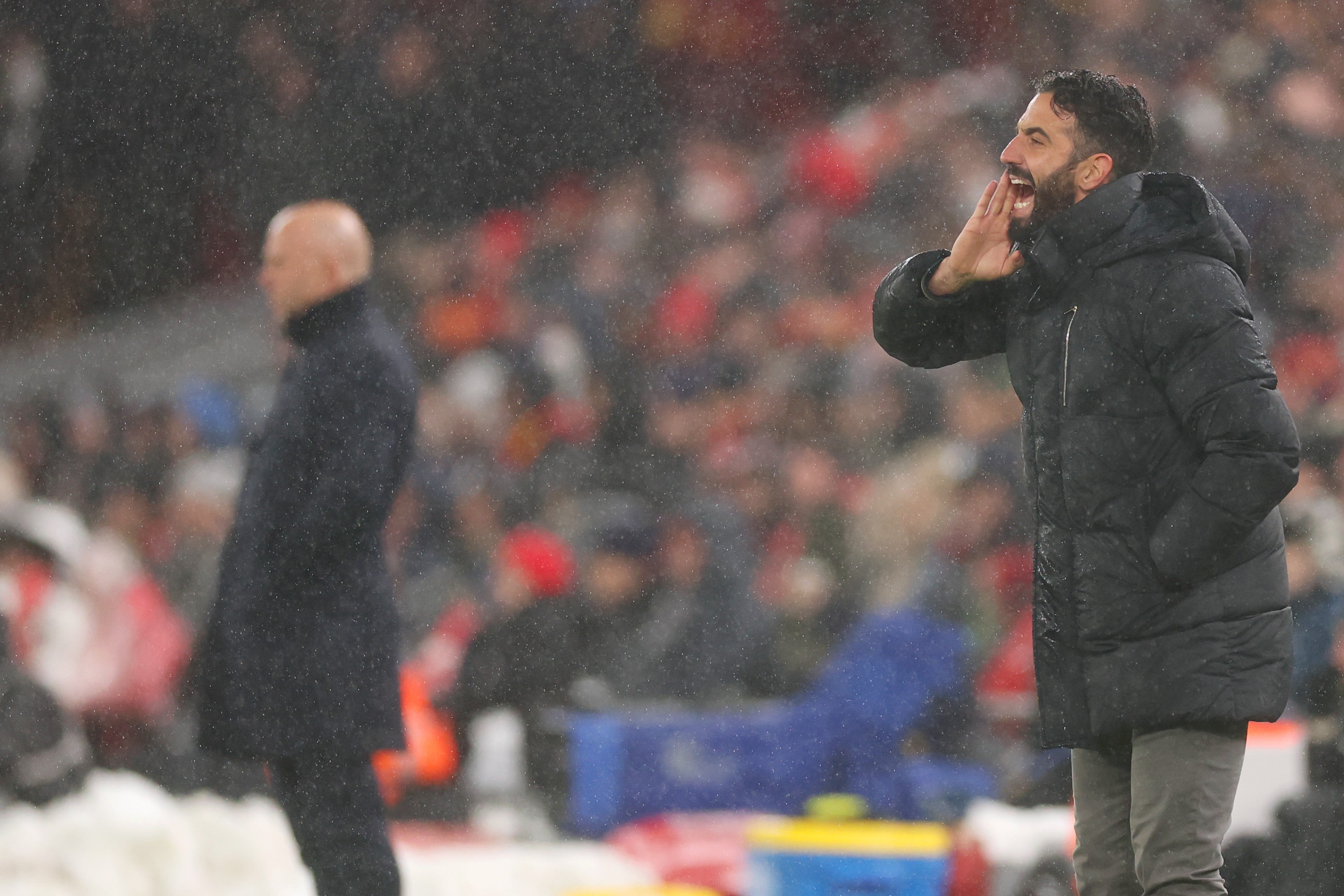 Ruben Amorim, Manager of Manchester United, reacts during the Premier League match at Liverpool