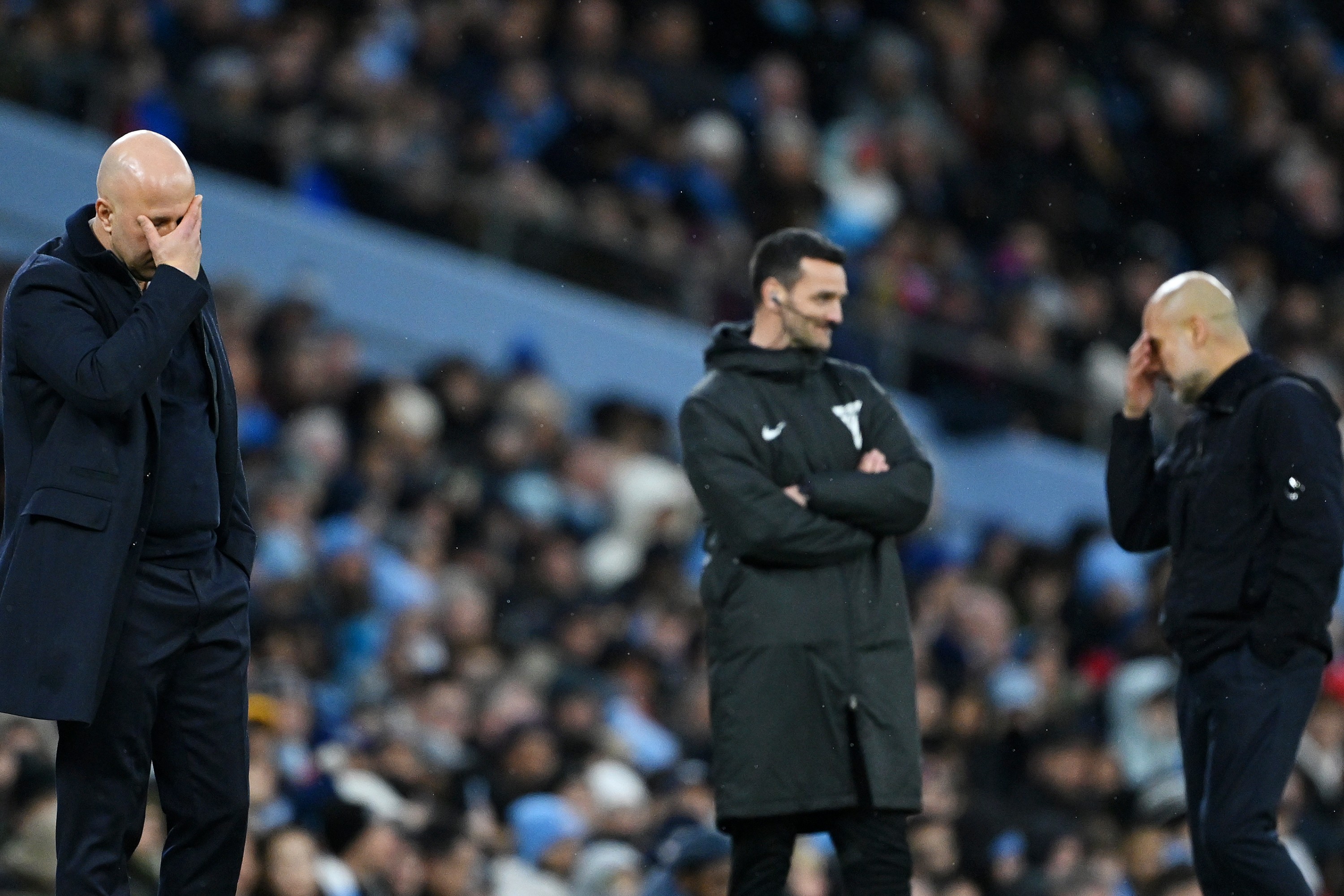 Arne Slot, Manger of Liverpool and Pep Guardiola, Manager of Manchester City,