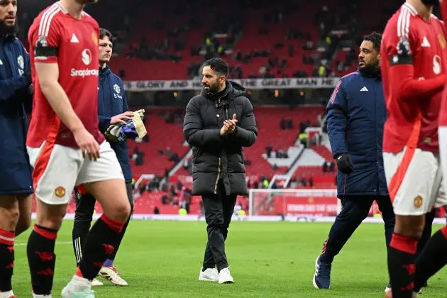 Ruben Amorim, Head Coach of Manchester United, applauds the fans