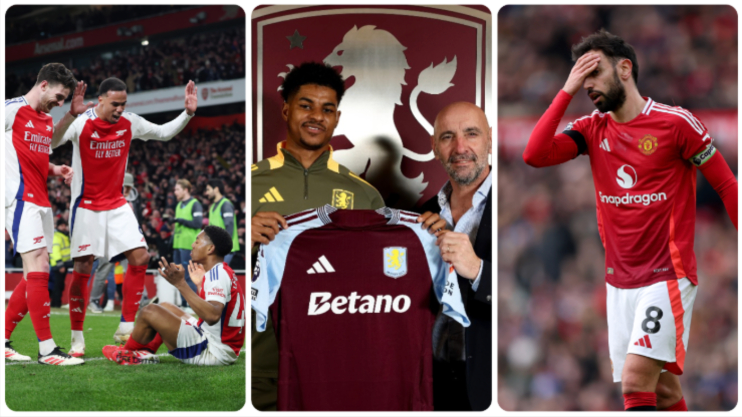 A composite image of Marcus Rashford, Bruno Fernandes and Myles Lewis-Skelly.
