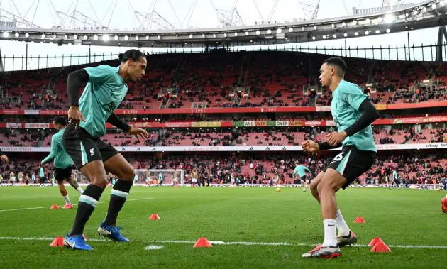 Virgil van Dijk and Trent Alexander-Arnold of Liverpool warm up