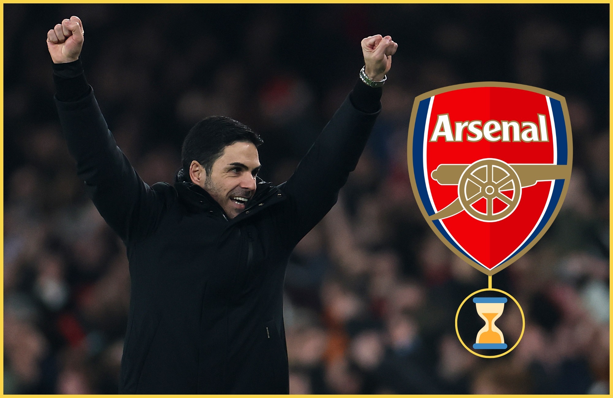 Mikel Arteta holds up his arms in celebration next to Arsenal club badge.