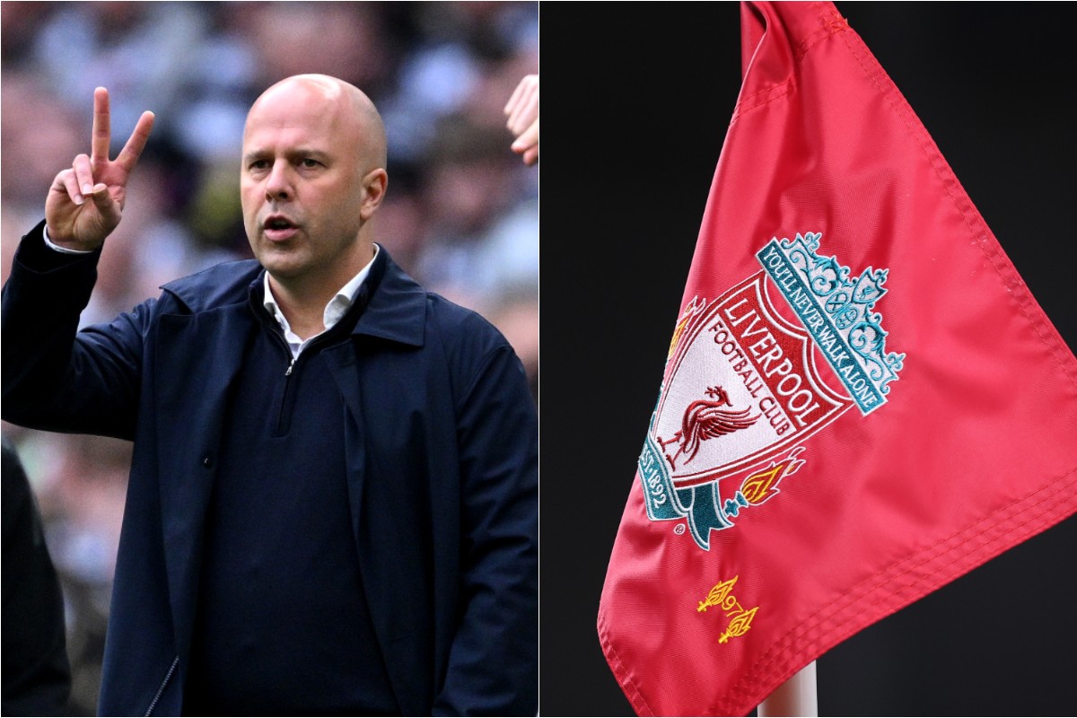 Liverpool manager Arne Slot and Liverpool flag
