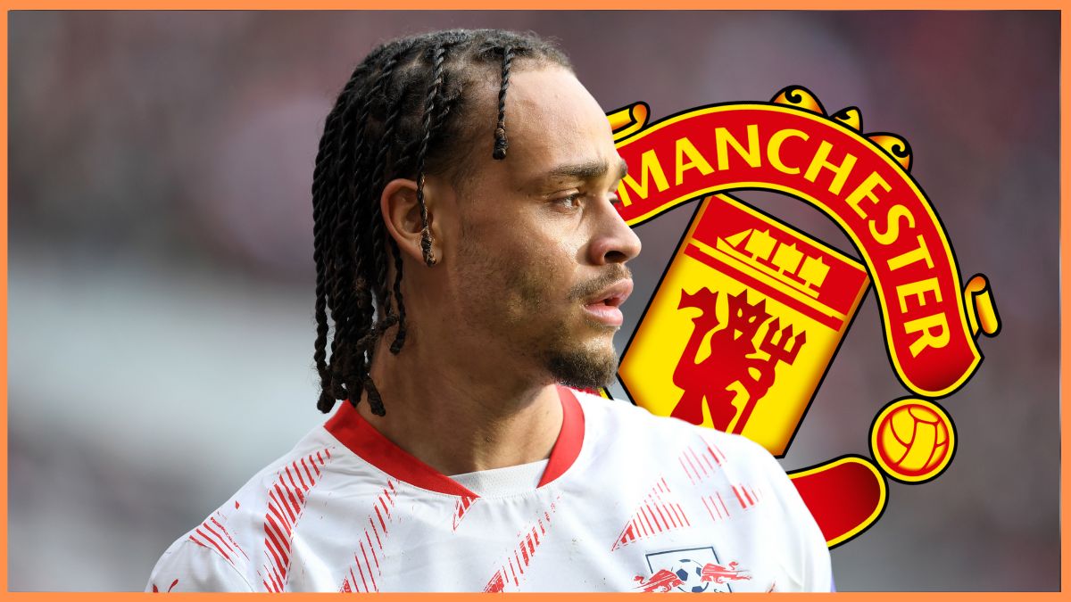 Xavi Simons looks to his left with Manchester United club crest behind his shoulder.