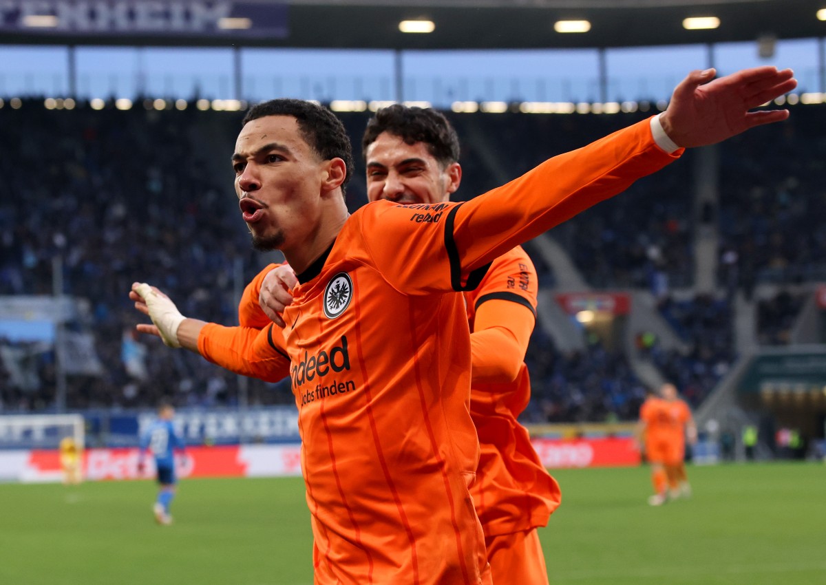 Hugo Ekitike celebrates a goal for Eintracht Frankfurt