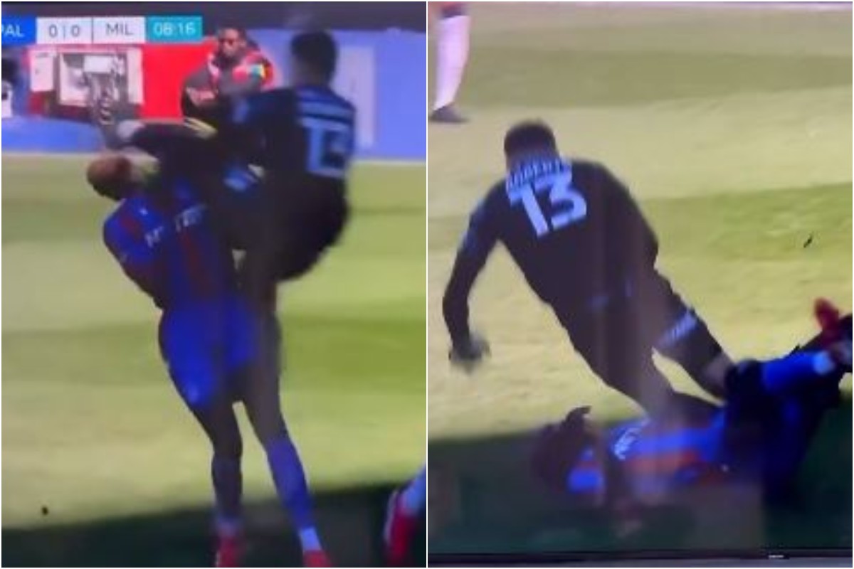 Jean-Philippe Mateta injured with a high foot by Millwall goalkeeper Liam Roberts