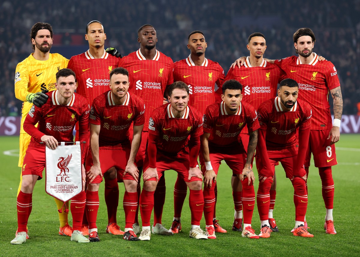 Liverpool players lining up before their Champions League clash vs PSG
