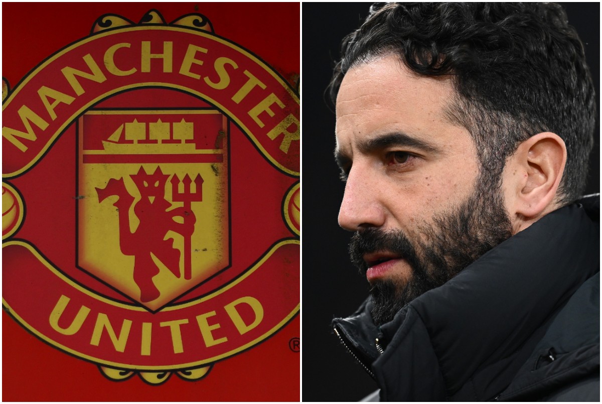 Manchester United manager Ruben Amorim and the club logo