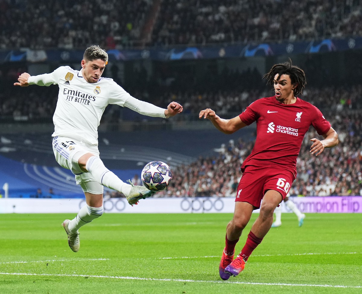 Trent Alexander-Arnold in action for Liverpool against Real Madrid in 2023