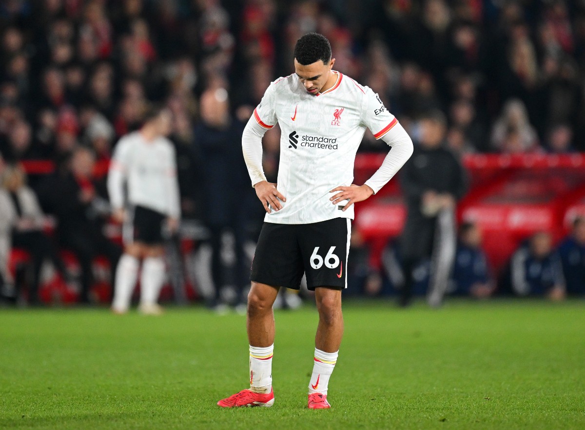 Trent Alexander-Arnold reacts during Liverpool's game against Nottingham Forest