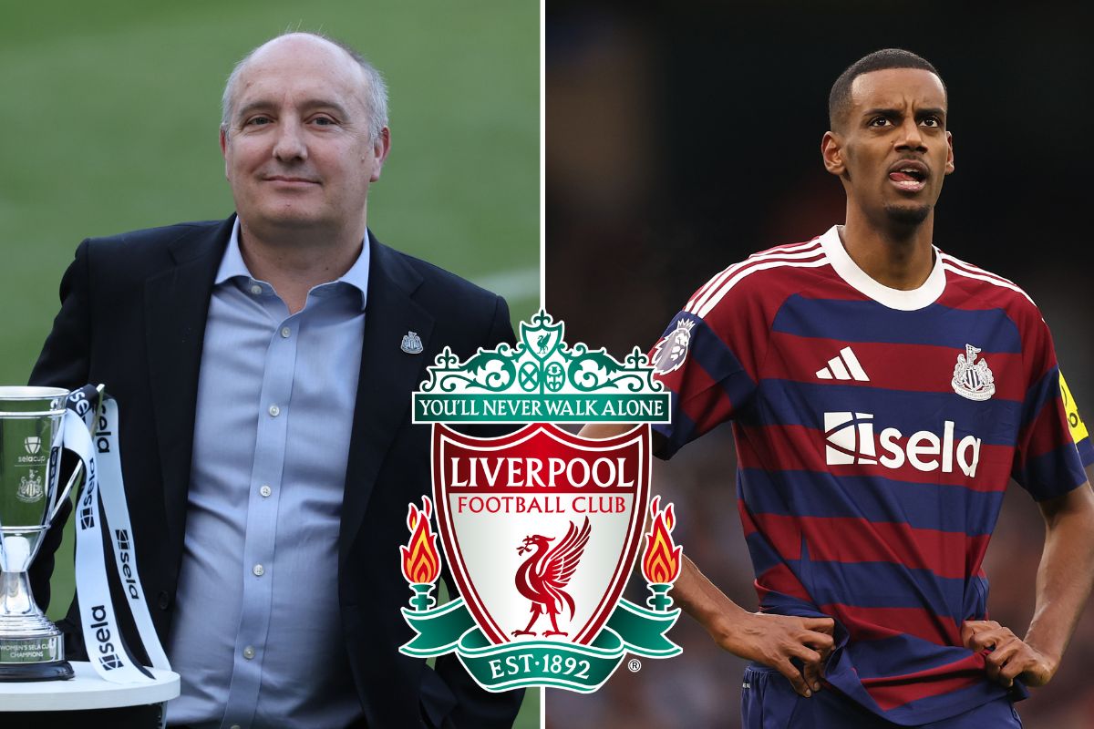 Alexander Isak and Darren Eales as an image split with the Liverpool badge