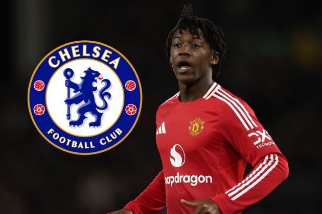 Kobbie Mainoo looks on - with the Chelsea badge attached
