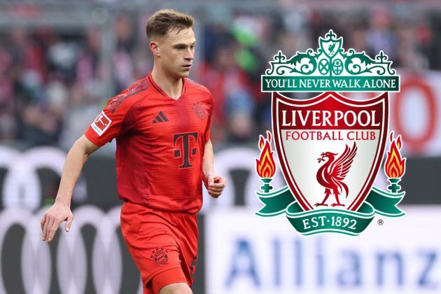 Joshua Kimmich looks on in a Bayern Munich kit - with the Liverpool badge attached