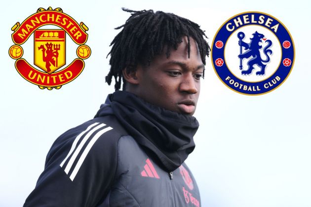 Kobbie Mainoo looks on with the Chelsea and Man United badge attached