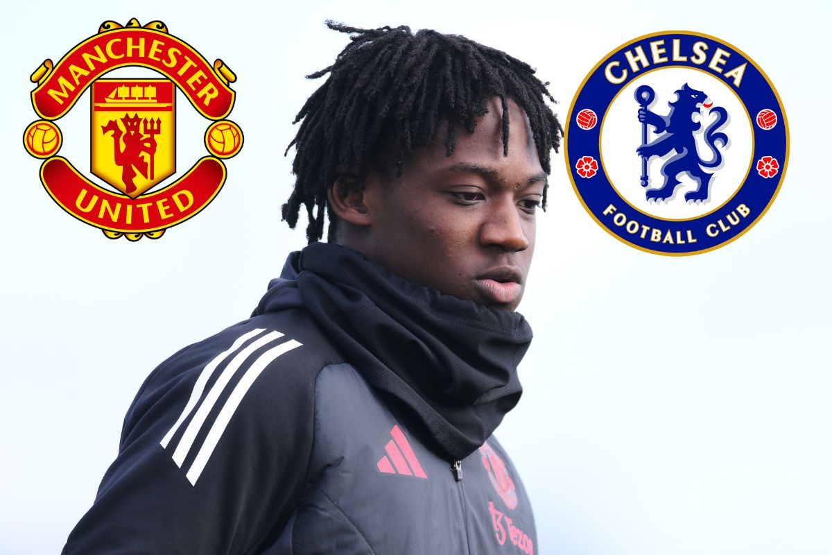 Kobbie Mainoo looks on with the Chelsea and Man United badge attached