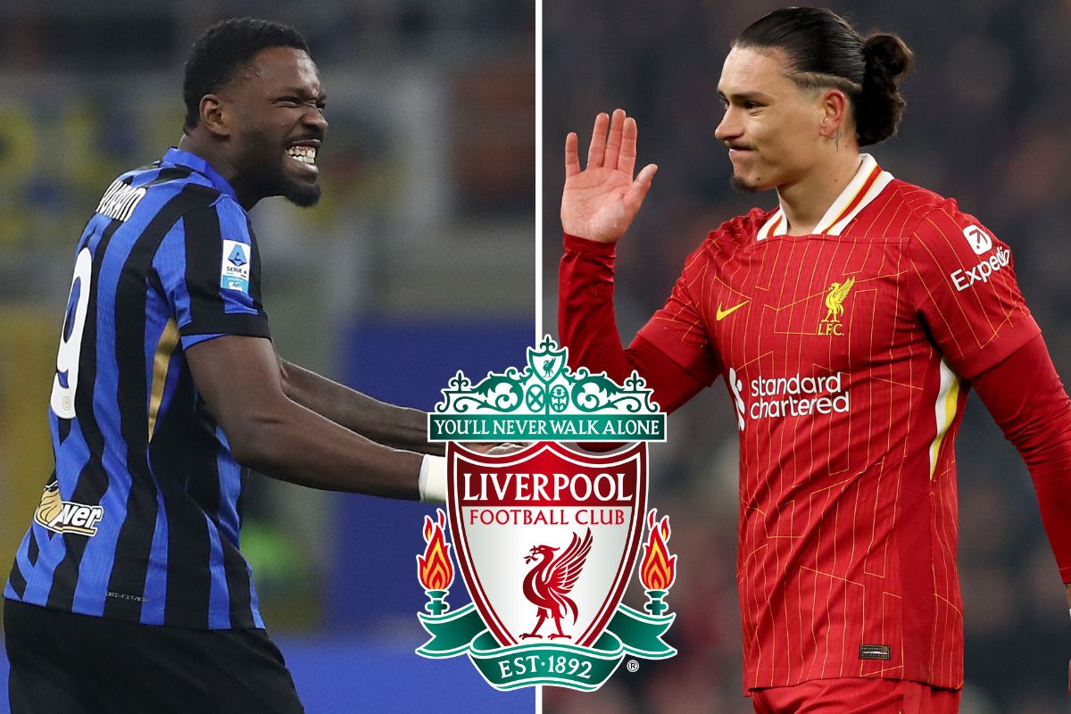 Marcus Thuram or Inter and Darwin Nunez as an image split with the Liverpool badge attached