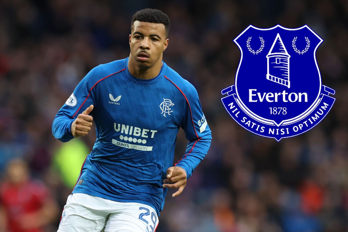 Hamza Igamane of Rangers with the Everton badge attached