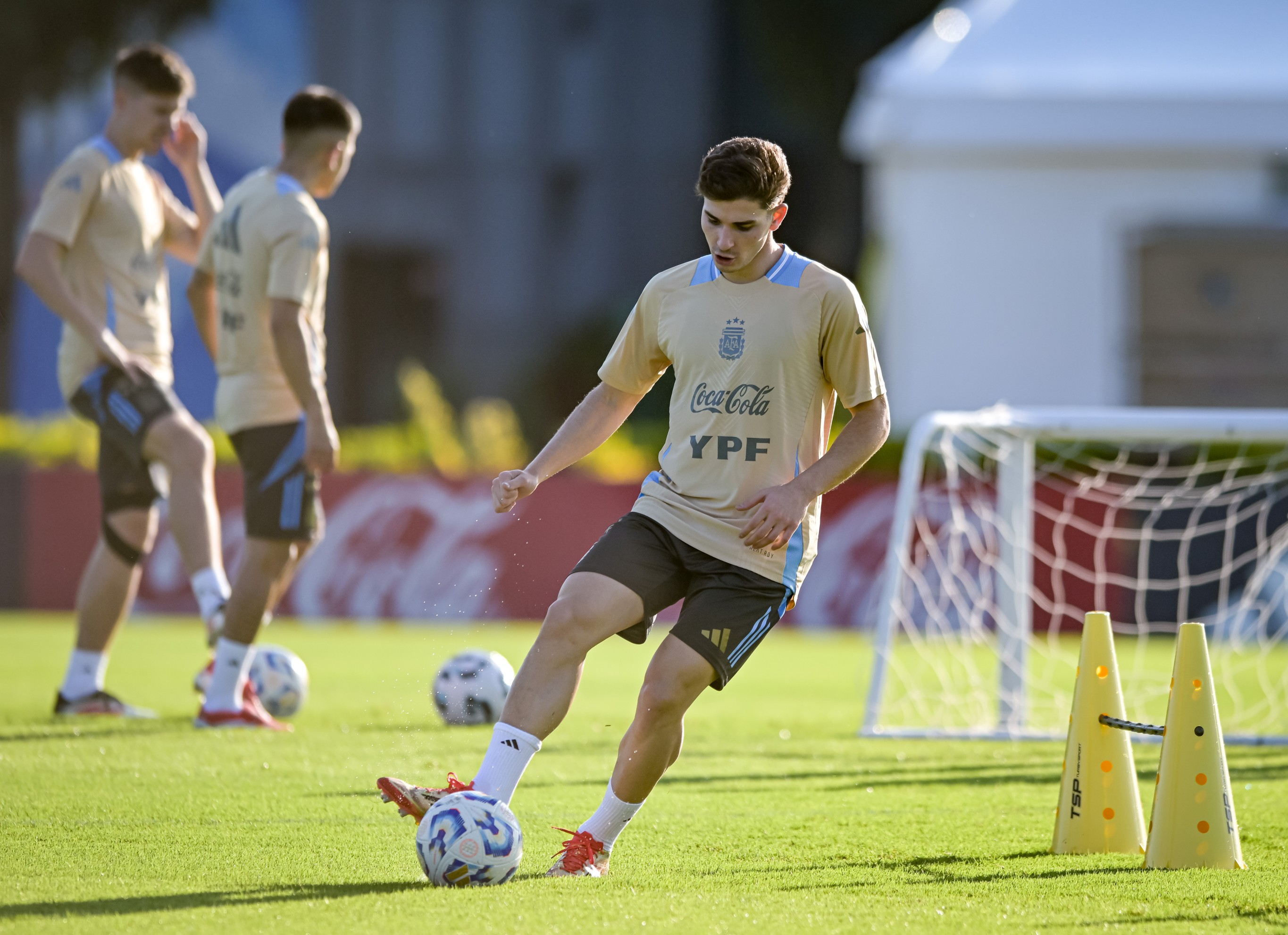 Julian Alvarez of Argentina kicks the ball during a training session