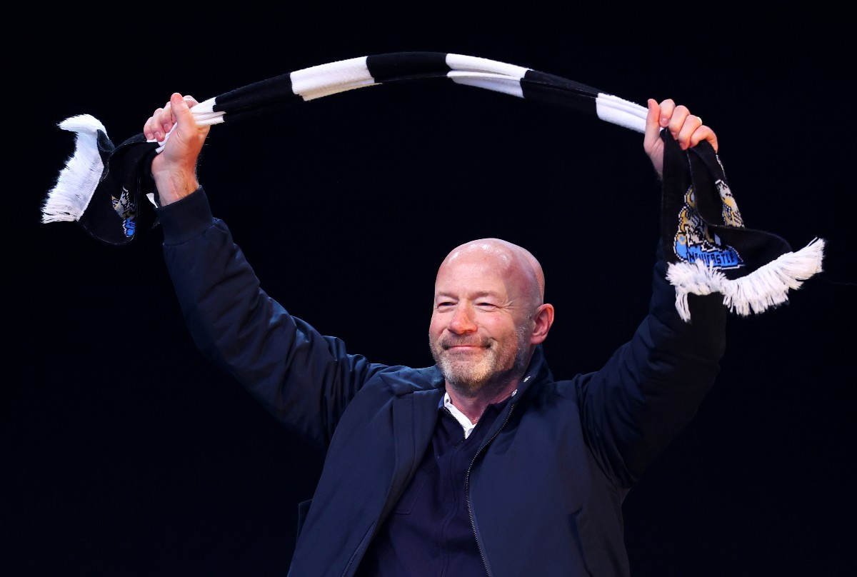 Alan Shearer celebrating Newcastle's Carabao Cup win