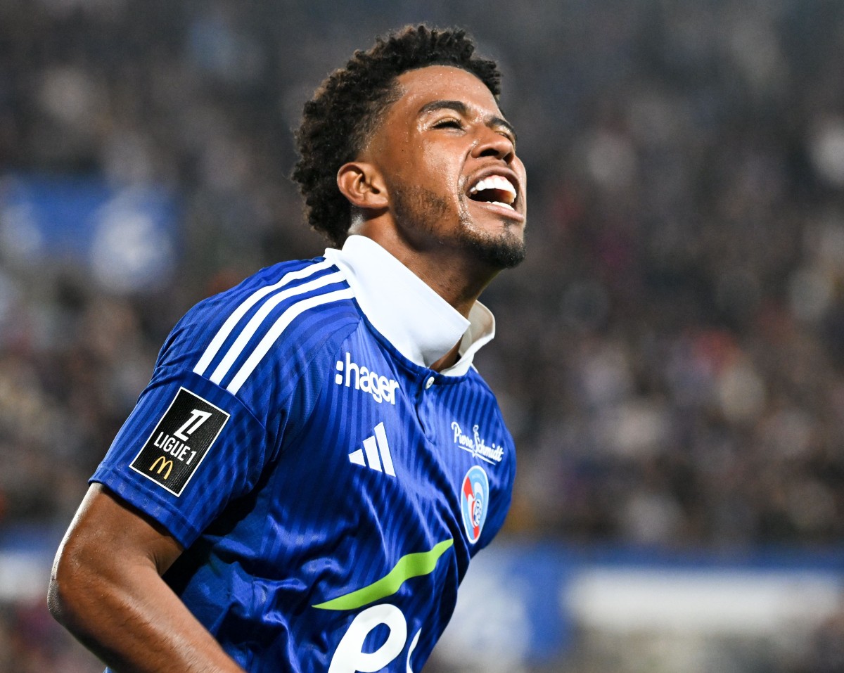 Andrey Santos celebrates a goal for Strasbourg