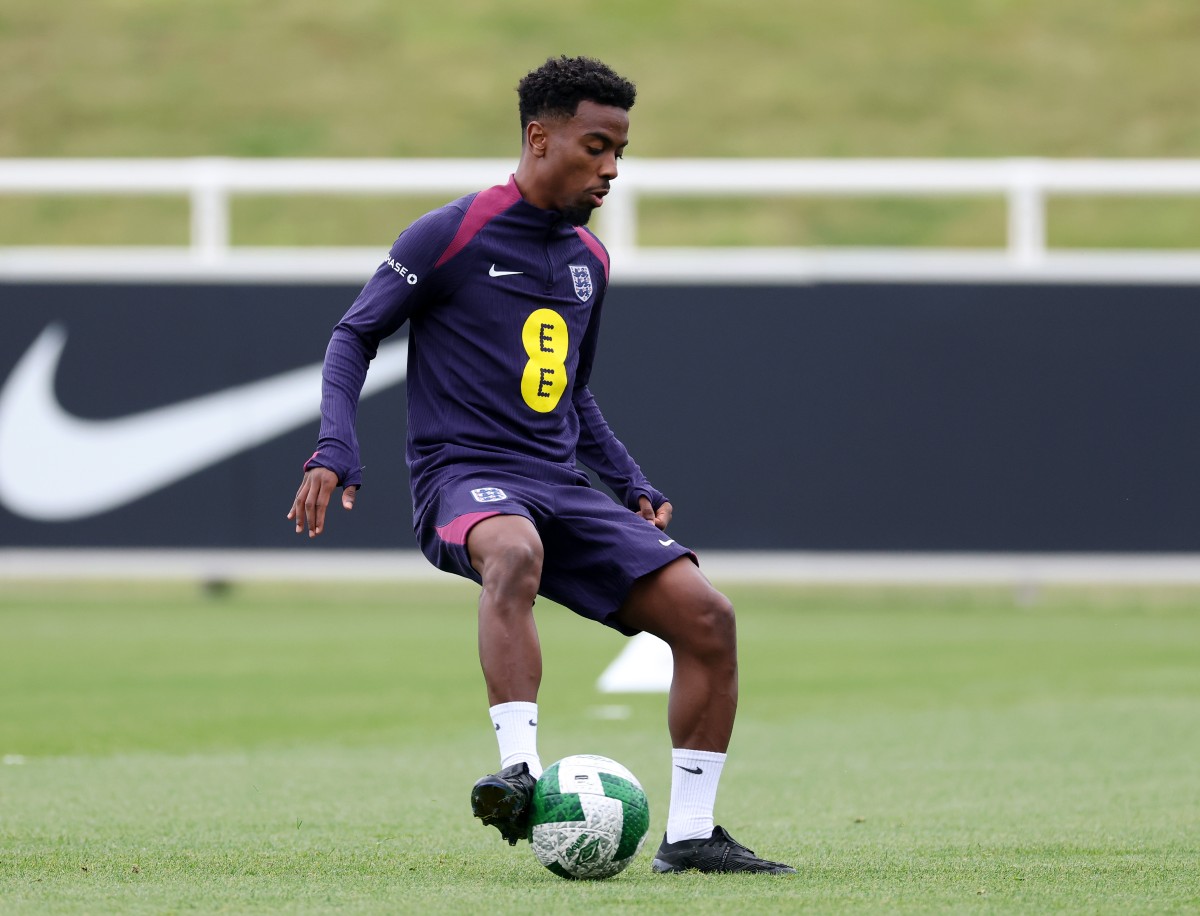 Angel Gomes on the ball in an England training session