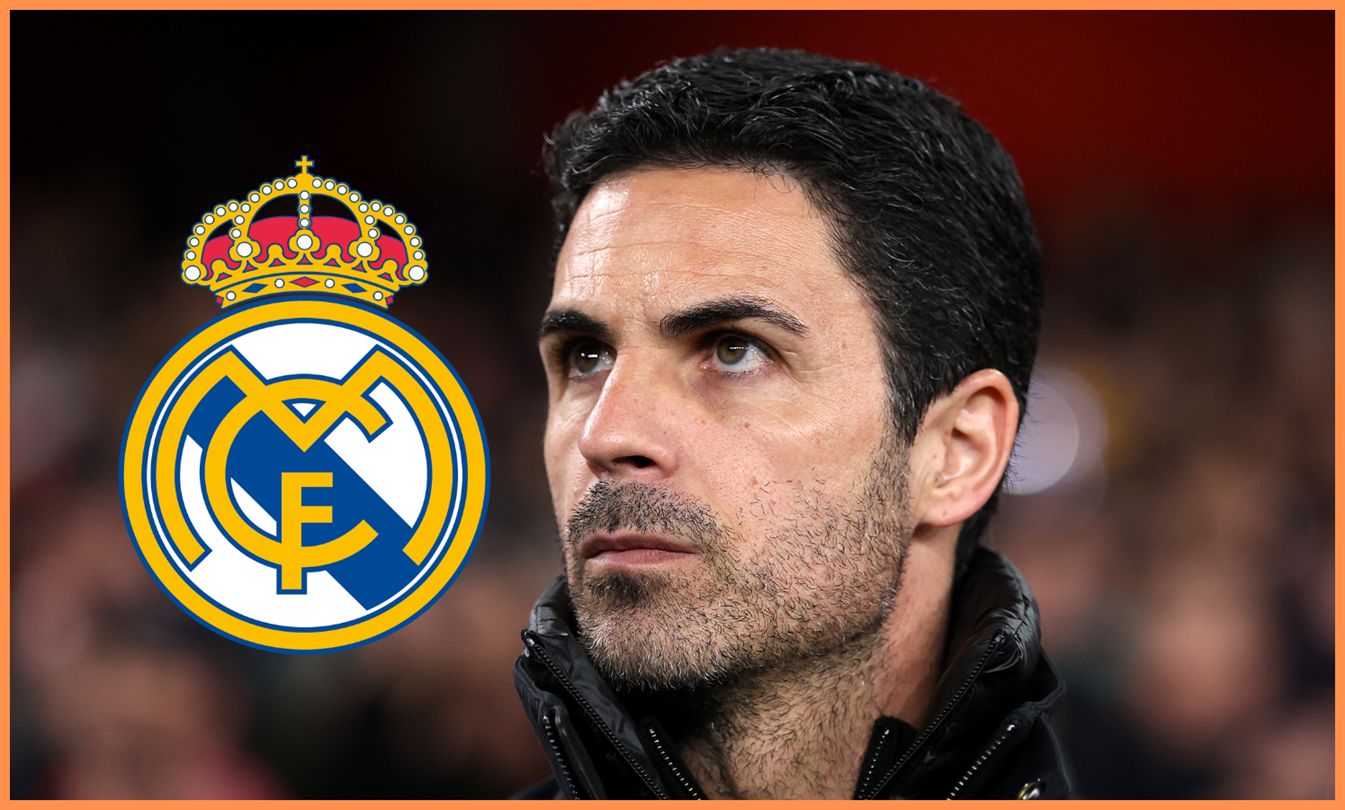 Mikel Arteta looks at Real Madrid club badge.